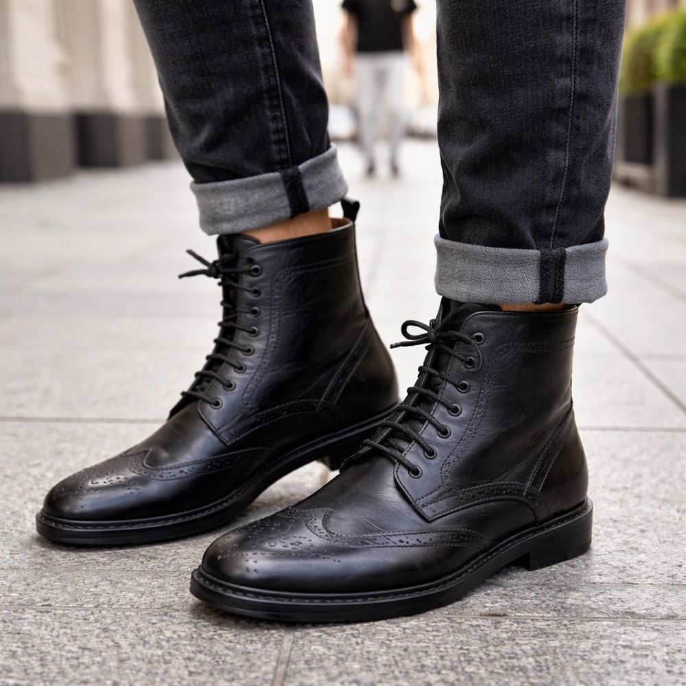 John White England Black Leather Brogue Boots – Made in England – Size 8 UK